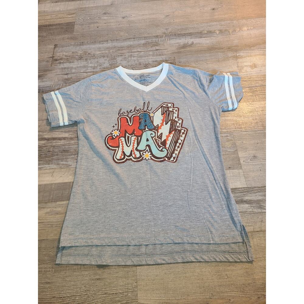 Unknown small women's v neck heather grey/white baseball shirt